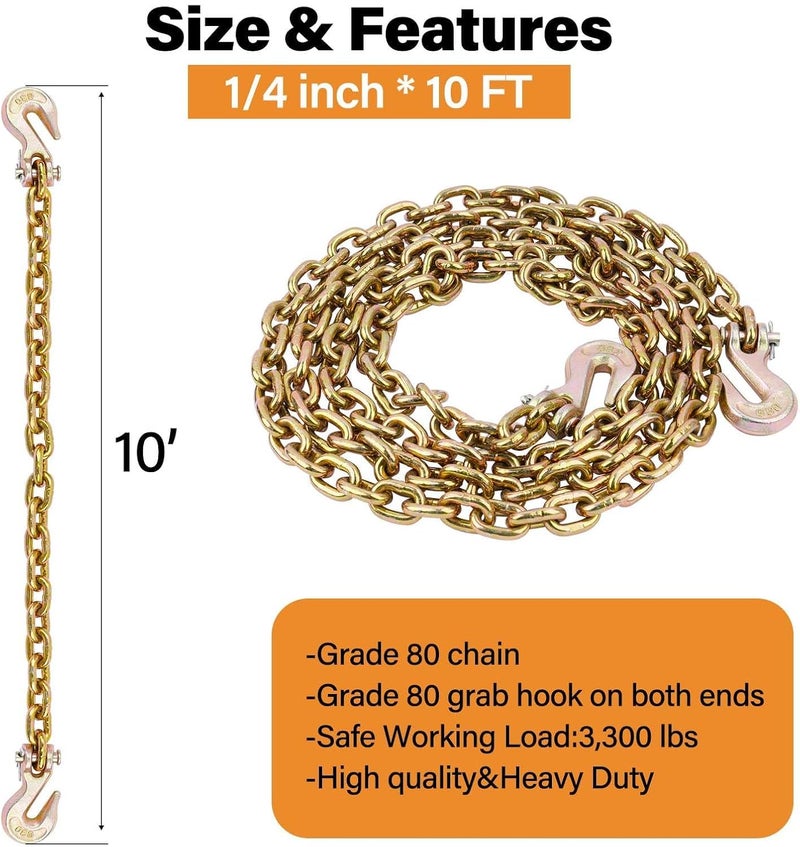 Lechansen G80 Transport Binder Chain 1/4 Inch x 10 Feet, Equipped with G80 Chain Grab Hook, Grade 80 Tow with Hooks, 3,300 lbs Working Load Limit Trailer Safety Chains for 5/16" Ratchet Binder, Towing - Image 2